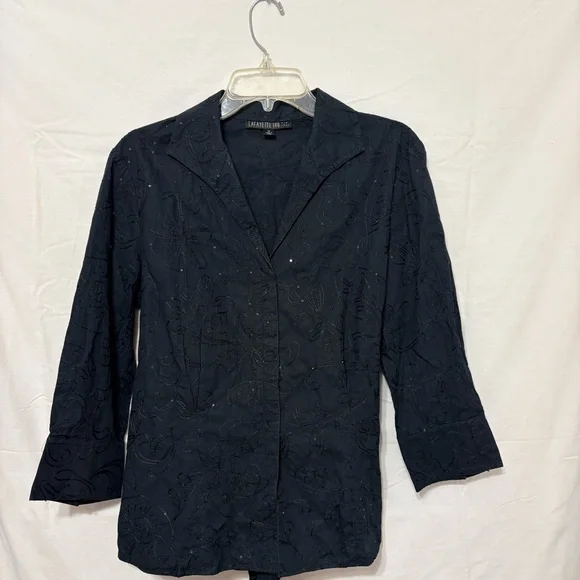 Lafayette 148 New York black sequin top with a button-down front and tie-wrap - Picture 2 of 9